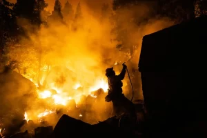 firefighter trying to save a home from a forest fire.